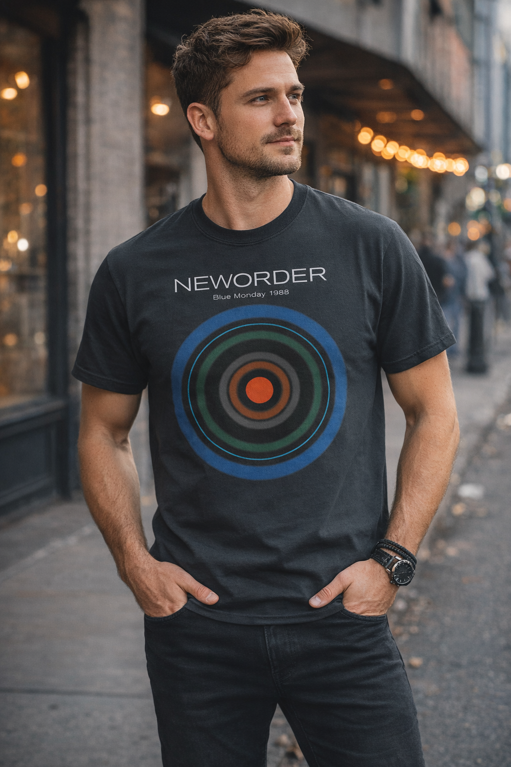 Male model wearing New Order Blue Monday t-shirt with iconic circular design in urban street setting