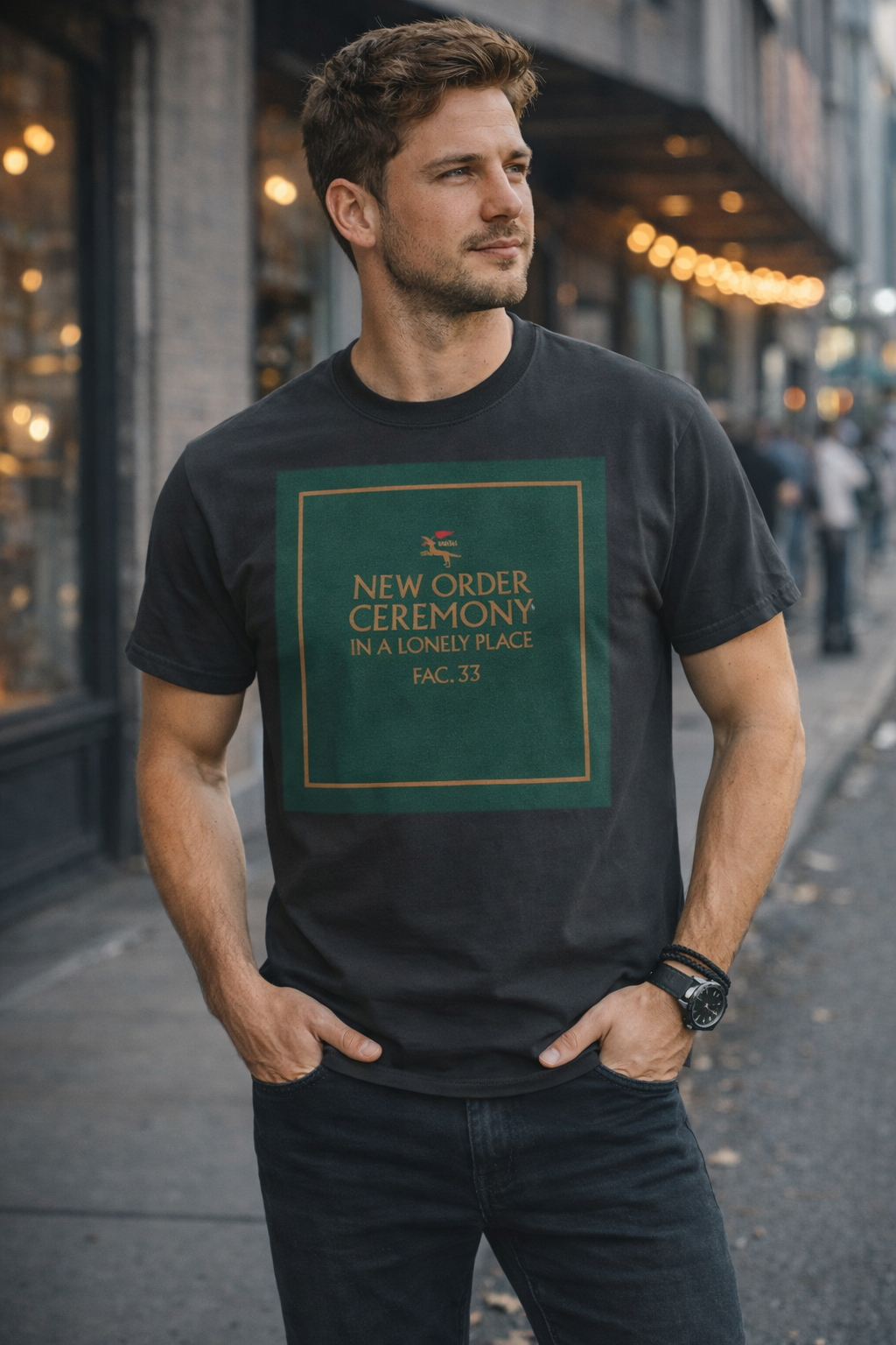 Male model wearing New Order Ceremony t-shirt with green cover design in urban street setting