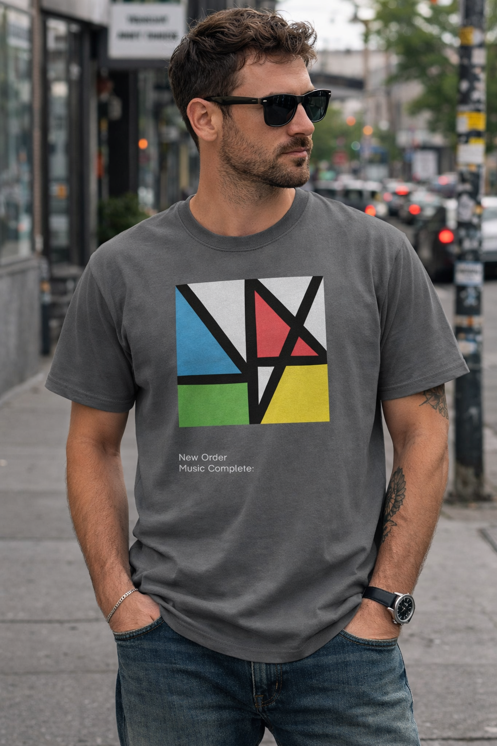 Male model wearing New Order Music Complete t shirt with 2015 album design in urban street setting casual outfit