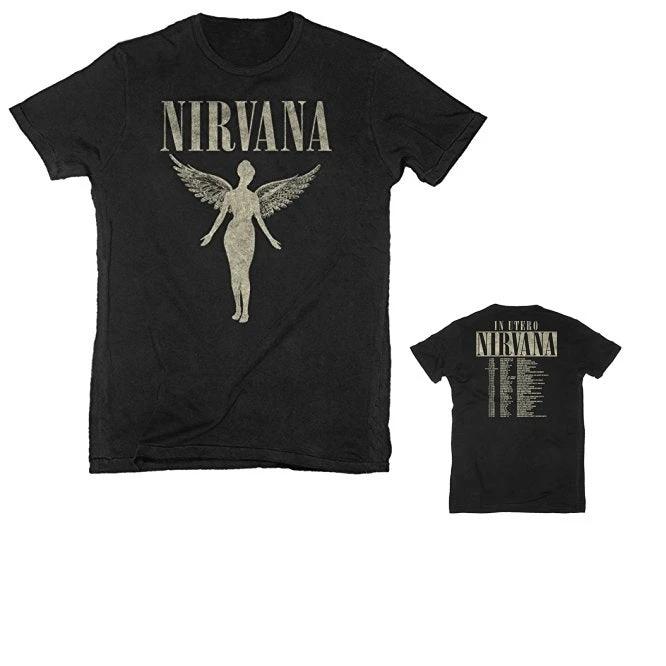 Black Nirvana t-shirt with front and back designs on a white background