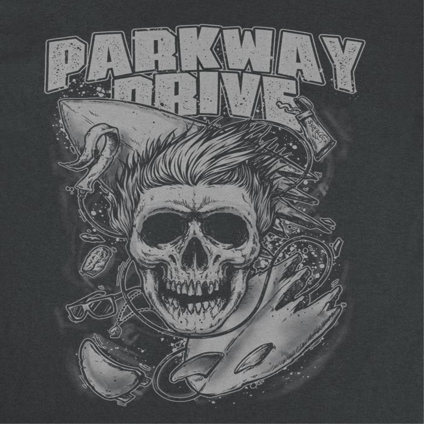 Close-up of Parkway Drive skull graphic t shirt design with detailed artwork