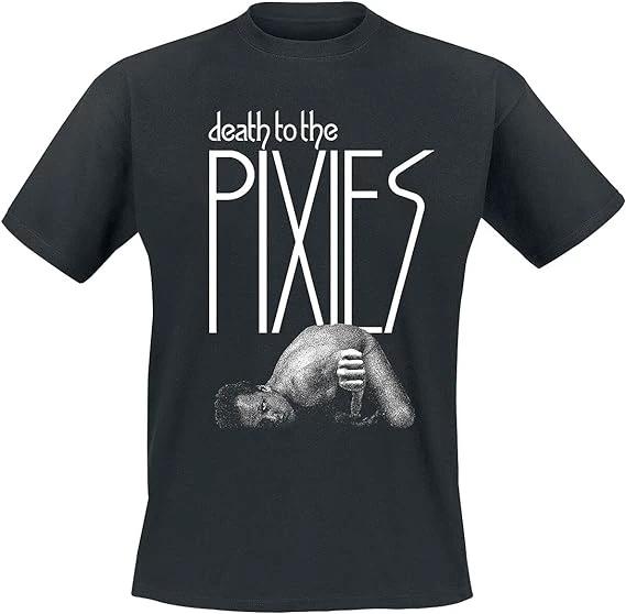 Black t-shirt with graphic design and text 'death to the PIXIES' on a white background