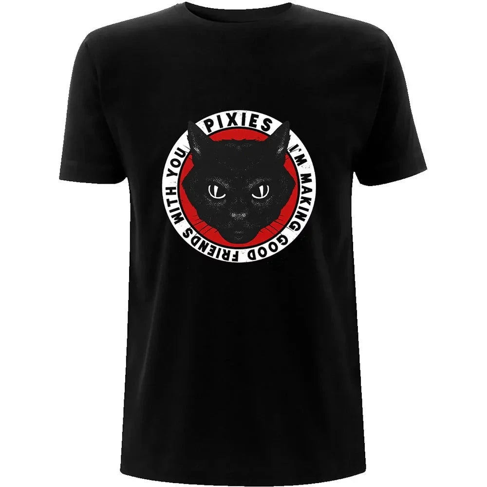 Black t-shirt with a graphic of a black cat and text on a white background