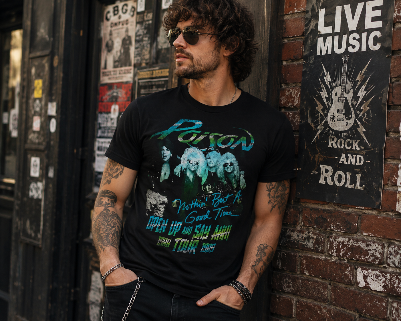 Male model wearing an officially licensed Poison Open Up and Say Ahh Tour 1989 t-shirt in an urban rock music setting featuring classic 80s glam metal band artwork and vintage concert-inspired design.