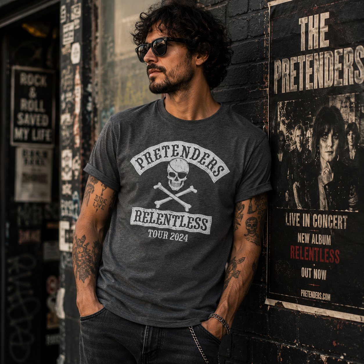Male model wearing Pretenders Relentless Tour 2024 dark heather t-shirt in gritty urban rock setting with vintage punk and new wave concert aesthetic
