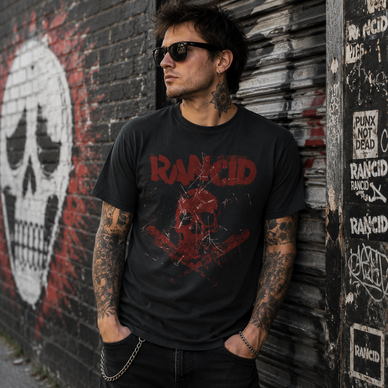 Male model wearing officially licensed Rancid Bats Red Ink punk band t-shirt in an urban graffiti alley with punk rock streetwear style.