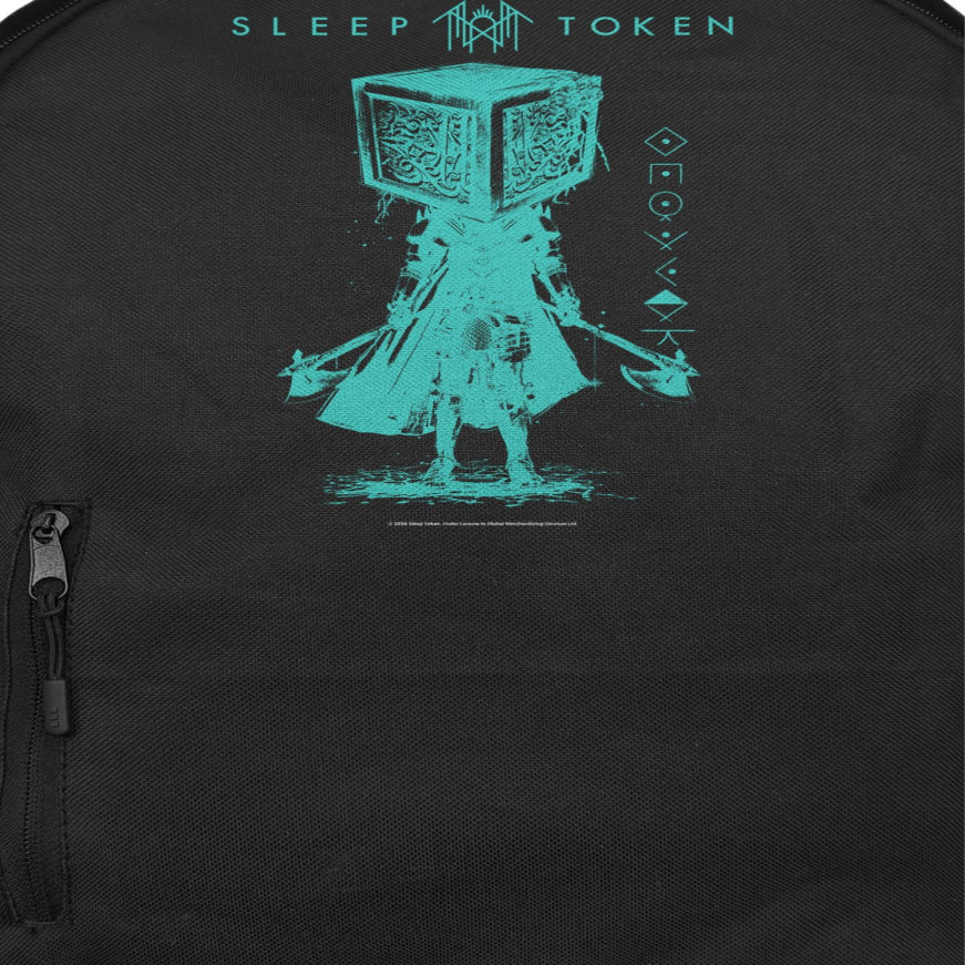 Close-up of Sleep Token Granite backpack showing teal geometric figure graphic on black band merch backpack