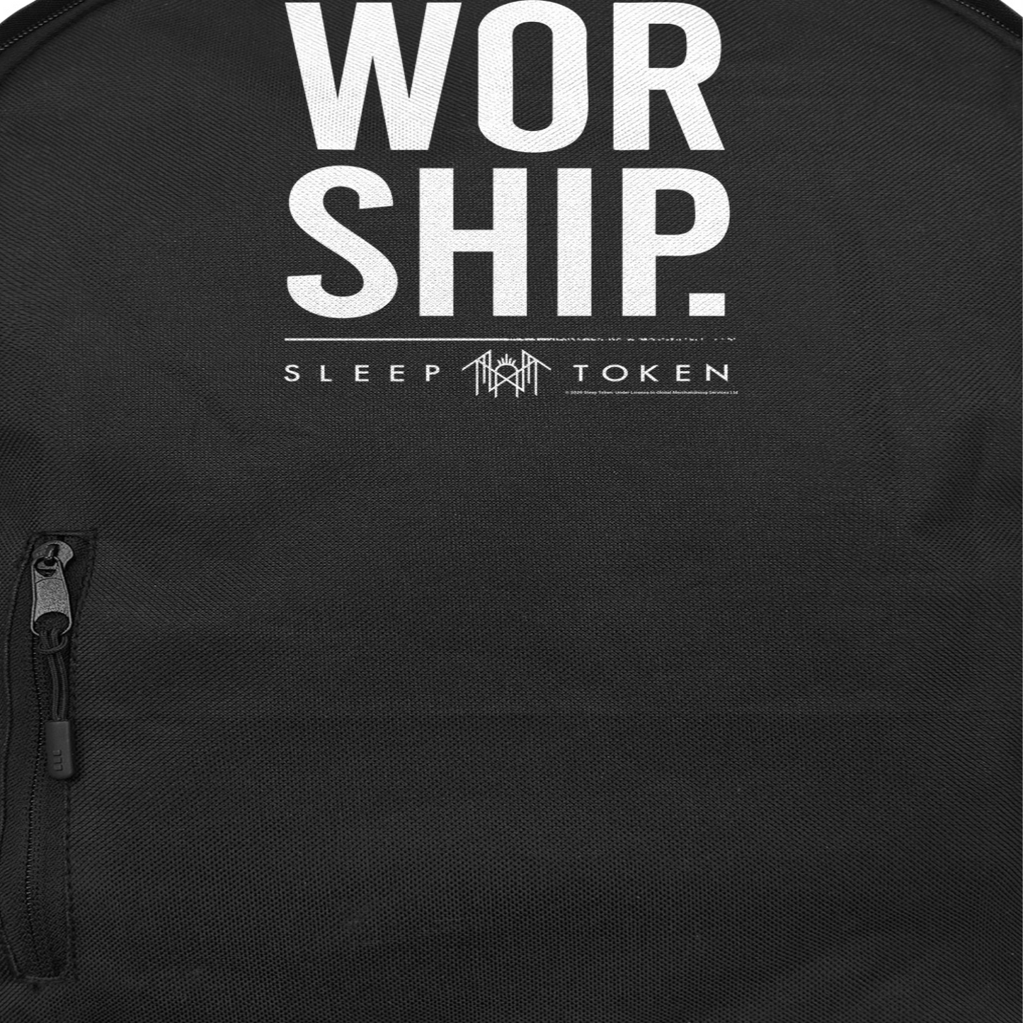 Close-up of Sleep Token Worship backpack showing bold white text design and logo on black official band merch bag