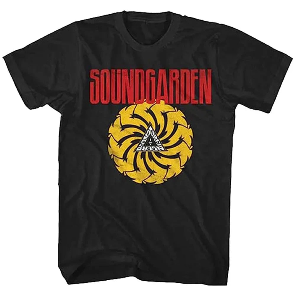 Black t-shirt with Soundgarden logo featuring a yellow circle and red text on a white background