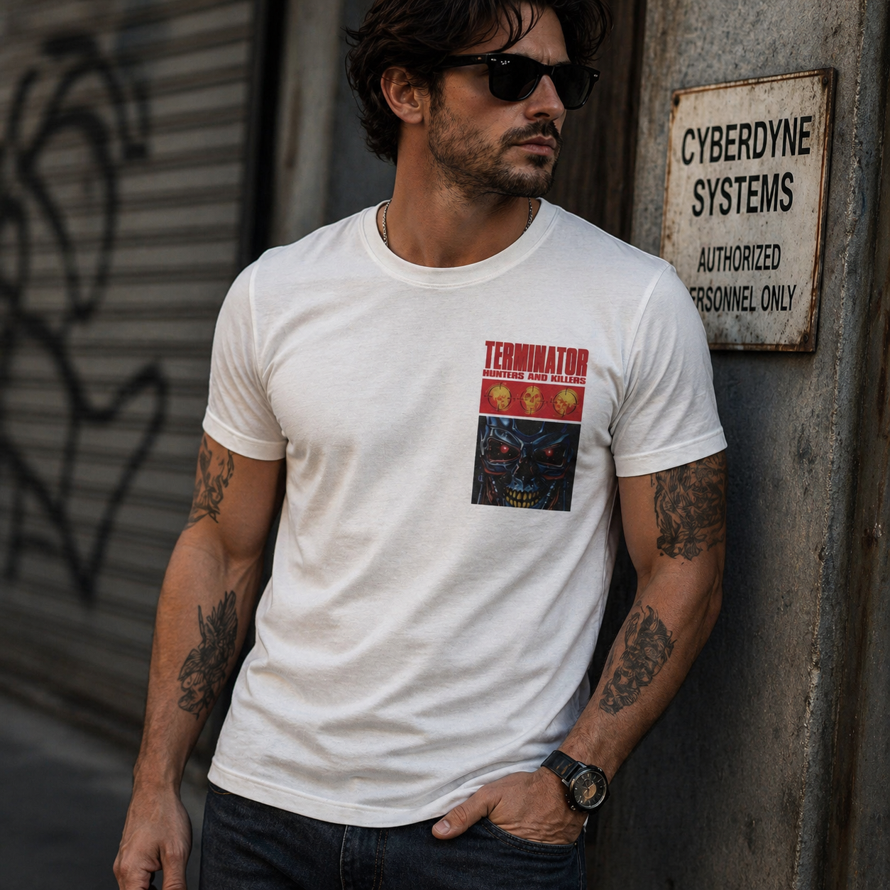 Male model wearing Terminator Hunters and Killers t shirt with T-800 chest graphic in urban industrial setting