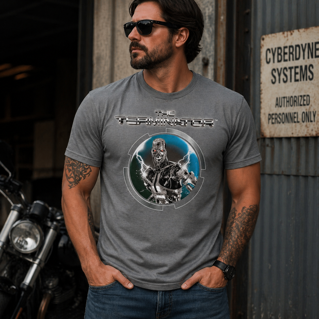 Male model wearing Terminator T-800 lightning t shirt with Cyberdyne design in industrial setting