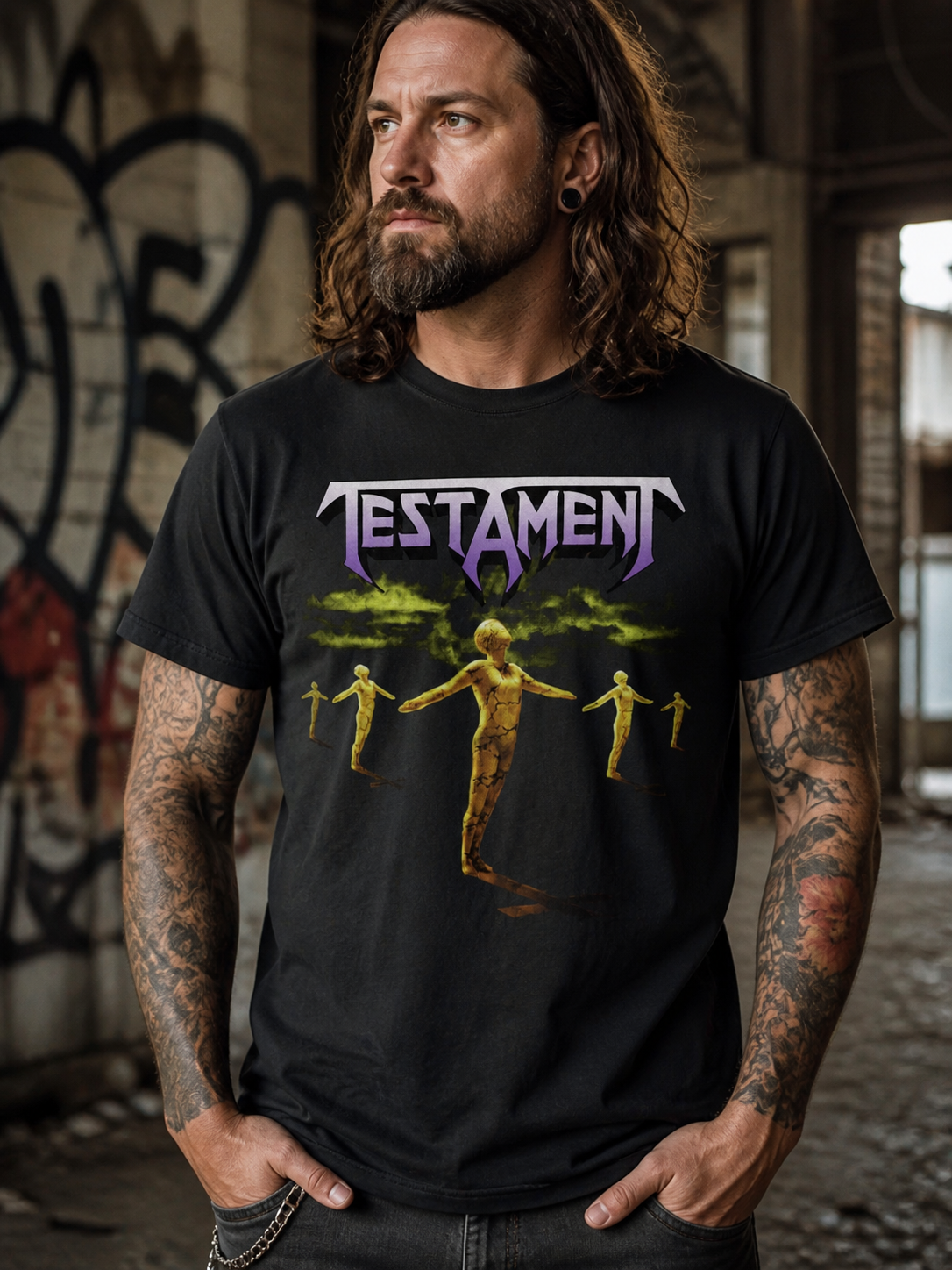 male model wearing Testament dark figures t shirt in urban setting thrash metal band merch lifestyle image