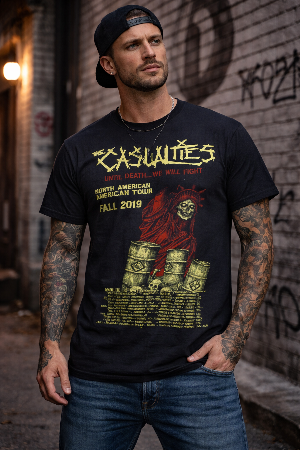 male model wearing The Casualties Until Death 2019 tour t shirt with front print reaper graphic punk band merch