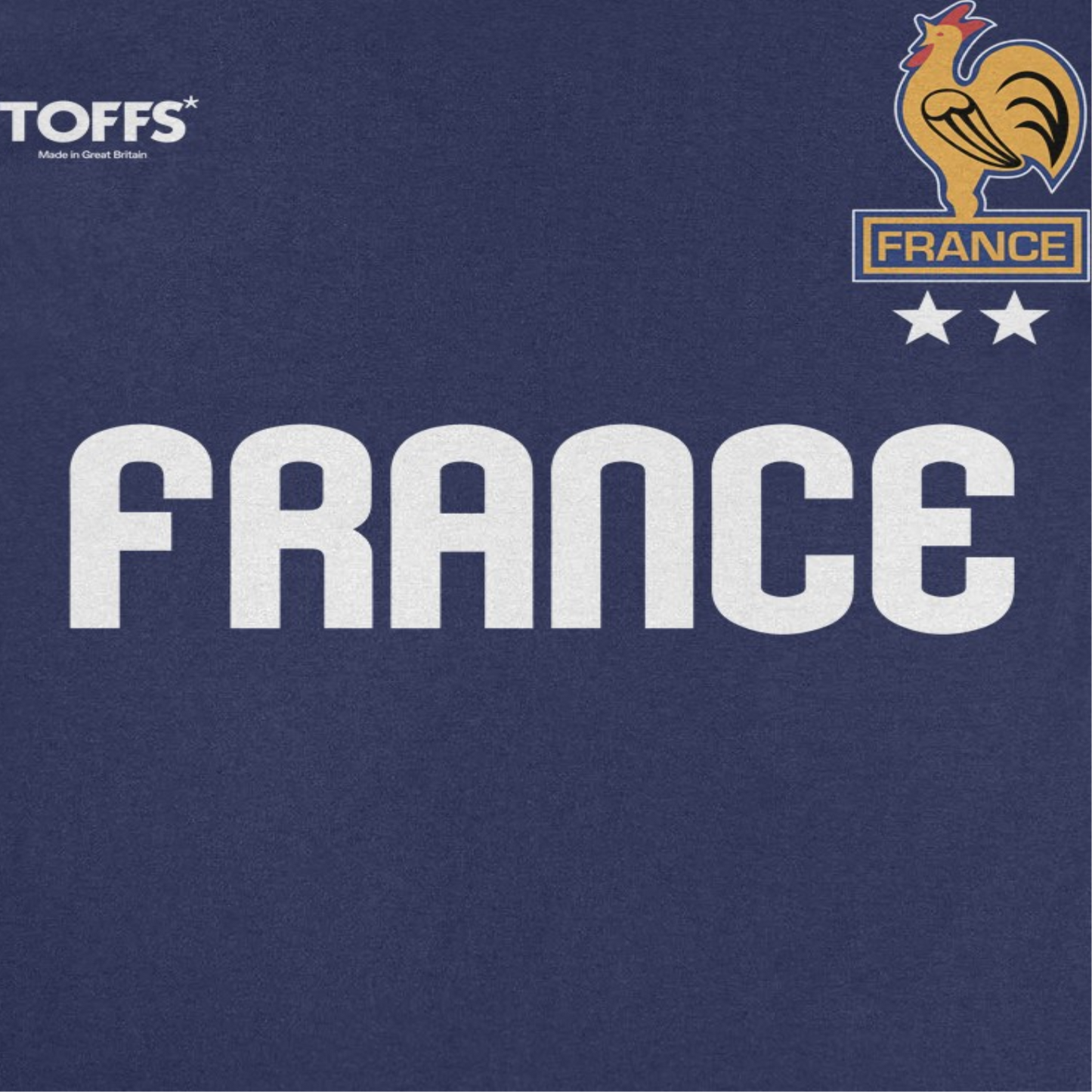 Close-up of Toffs Retro Soccer France navy t-shirt with rooster crest and bold France lettering
