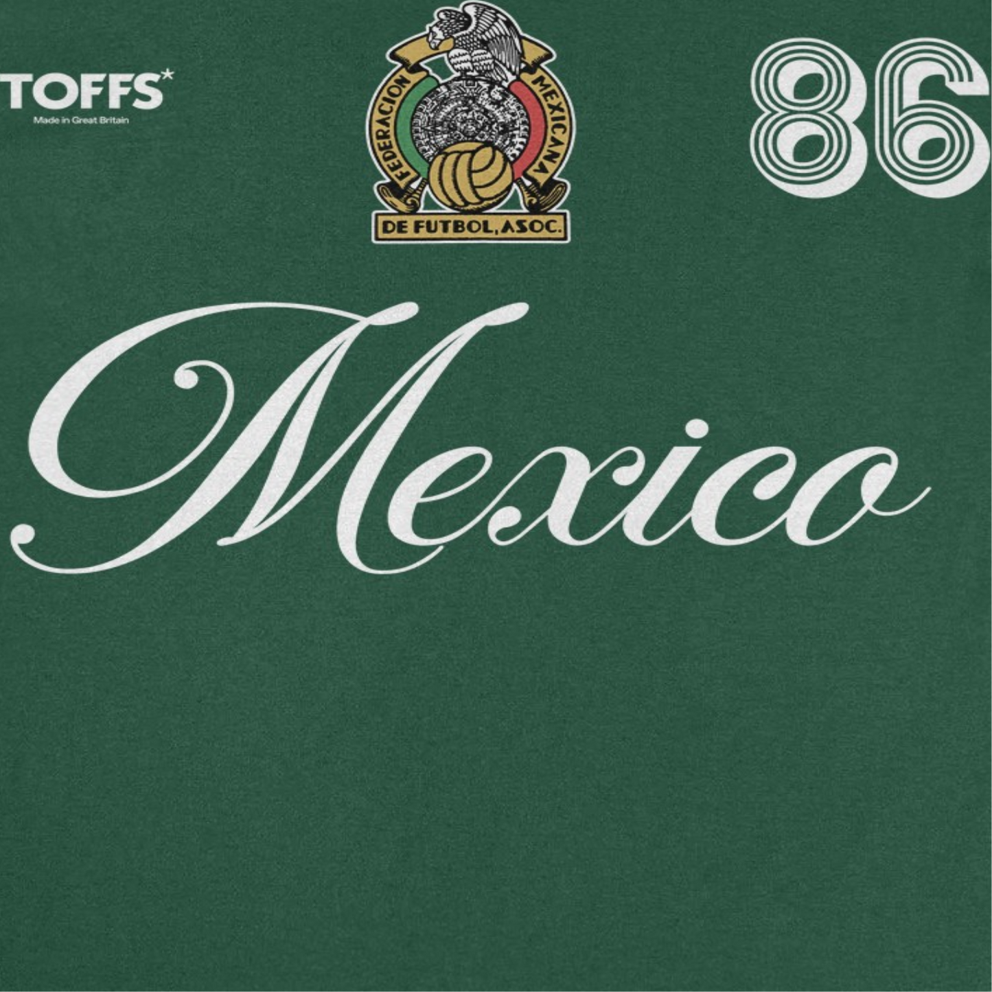 Close-up of Toffs Retro Soccer Mexico Green T-Shirt with Mexico script, crest, and 86 design