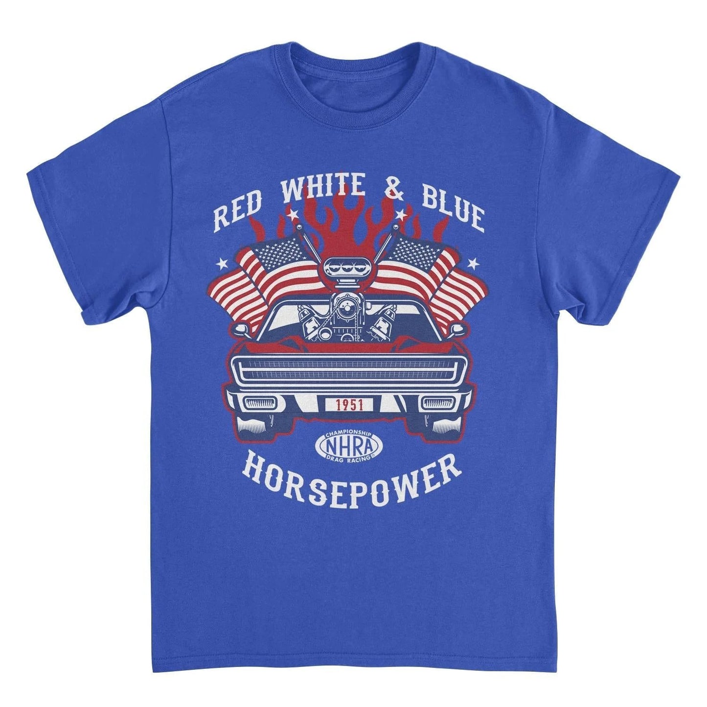 NHRA Red White and Blue Horsepower Royal T-Shirt by HandyShopping4U2