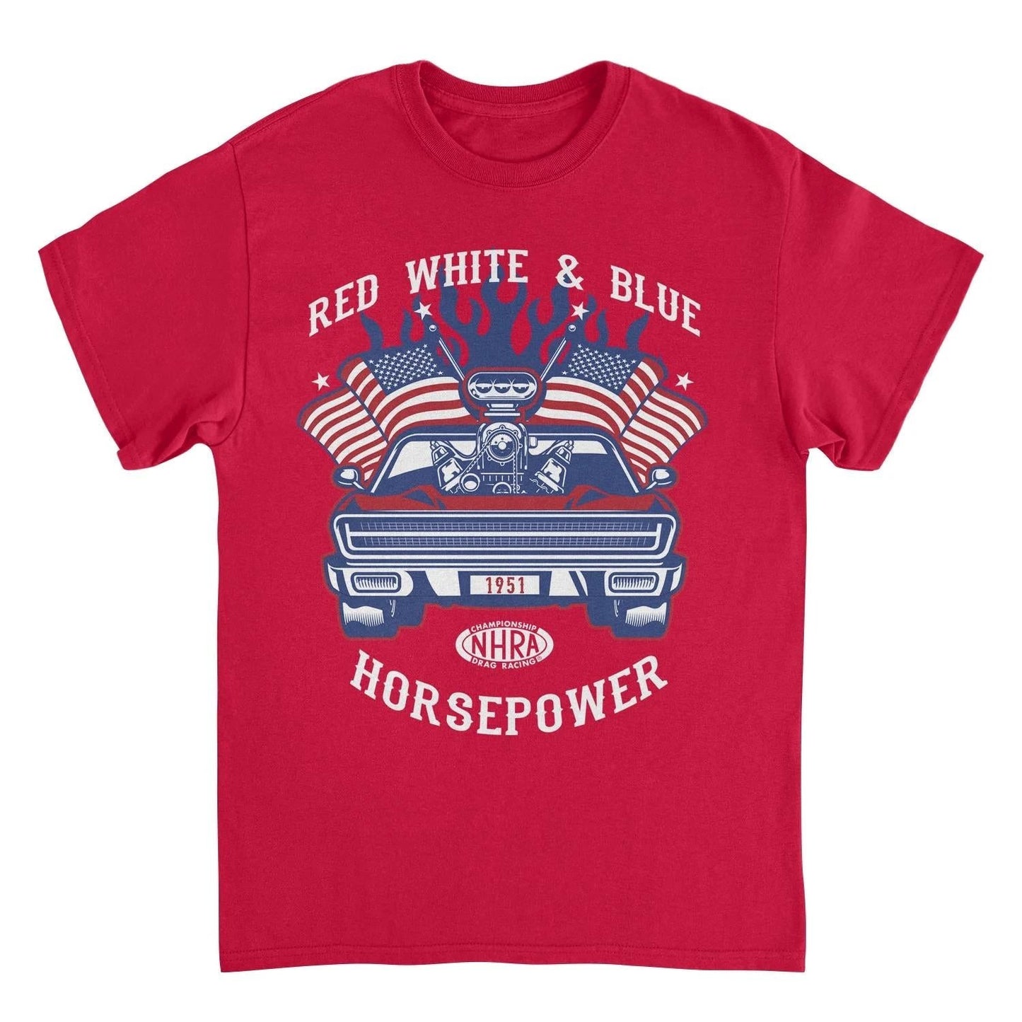 NHRA Red White and Blue Horsepower Blue Heat Red T-Shirt by HandyShopping4U2