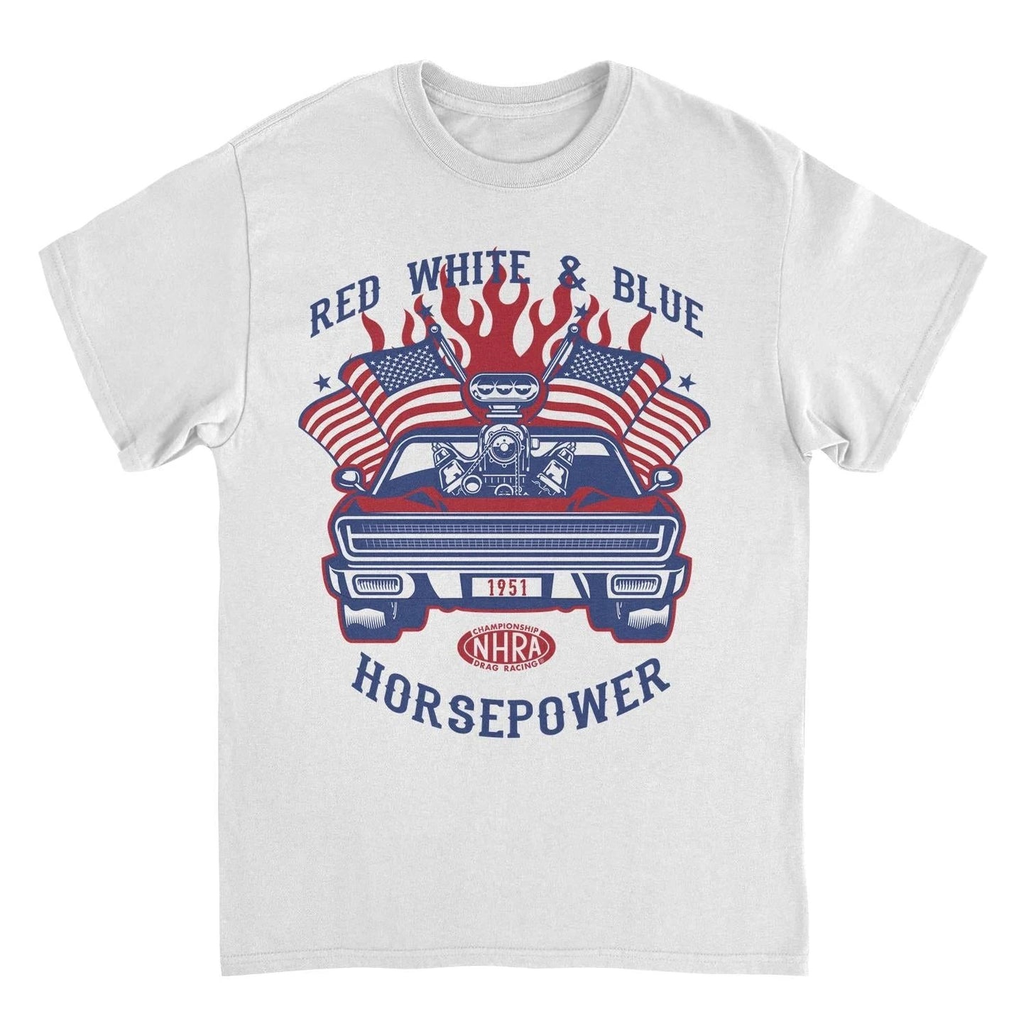 NHRA Red White and Blue Horsepower Red Heat White T-Shirt by HandyShopping4U2
