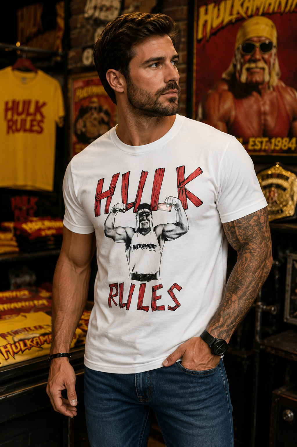 Male model wearing a WWE Hulk Hogan Hulk Rules white t-shirt inside a wrestling merchandise shop featuring Hulkamania posters, championship belts, and classic Hulk Hogan memorabilia.