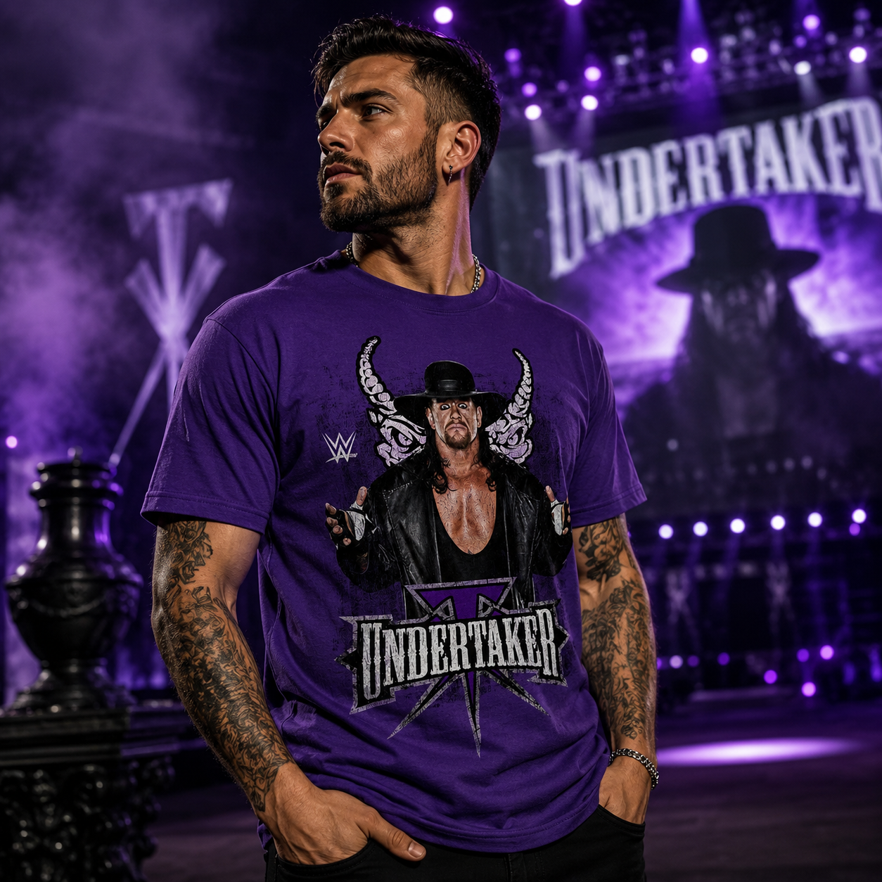 Male model wearing a WWE Undertaker Purple T-Shirt on a dramatic wrestling-inspired stage with purple lighting, fog effects, and Undertaker-themed backdrop