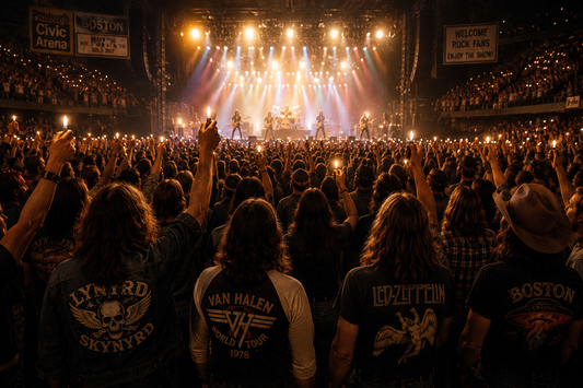 Vintage arena rock concert crowd holding lighters with glowing stage lights and a classic rock band silhouette on stage before cellphones.
