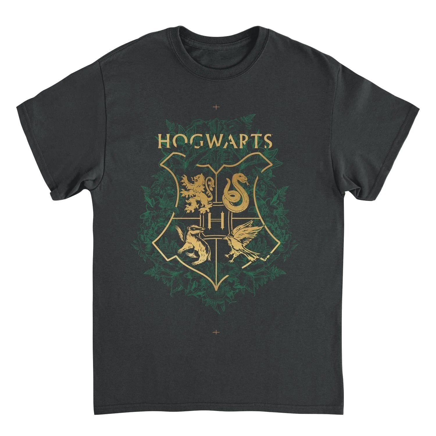 Harry Potter Hogwarts crest black t shirt officially licensed movie and TV graphic tee for pop culture collection featuring fantasy film merchandise