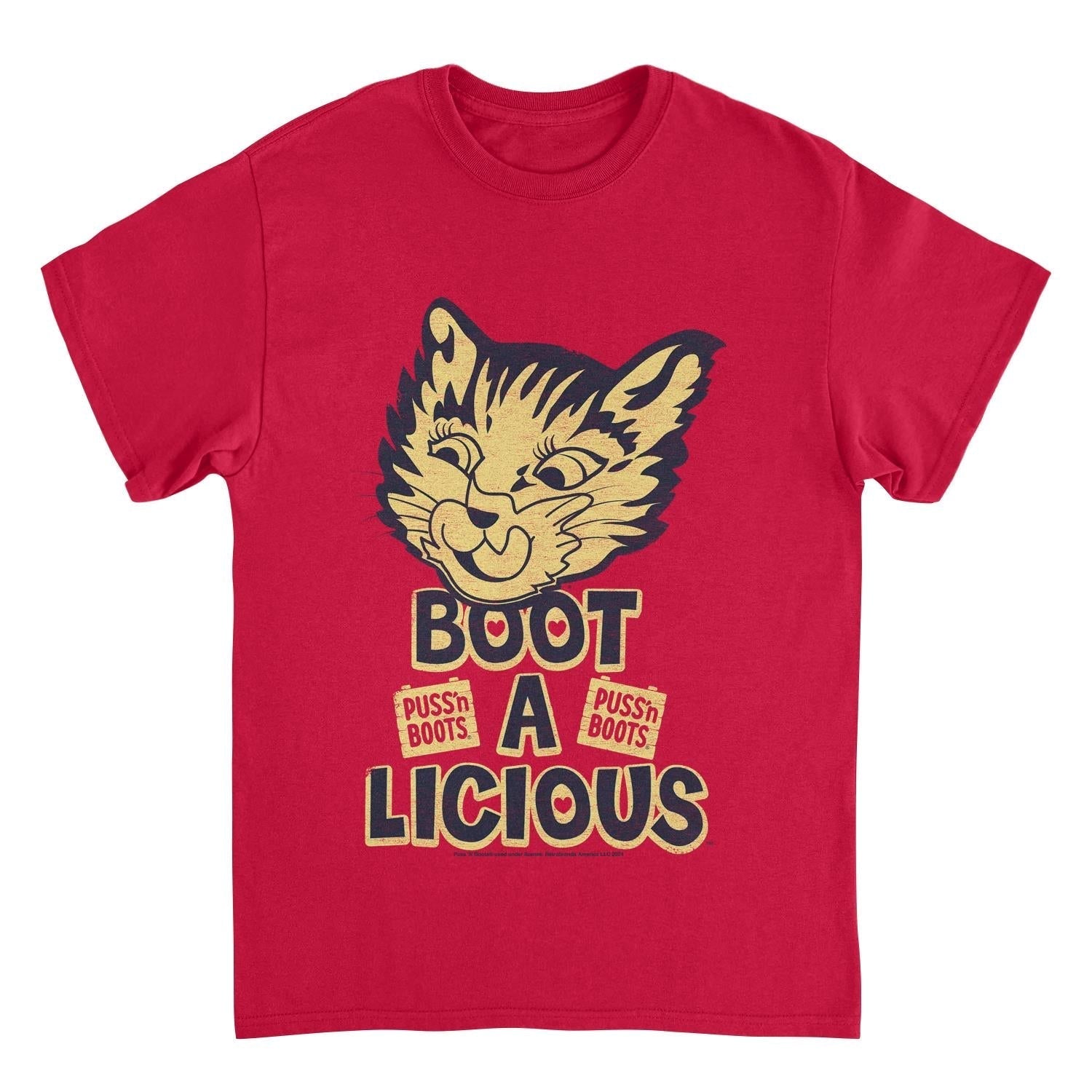 Puss n Boots graphic t-shirts featuring playful cat illustrations and whimsical designs