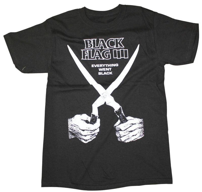 Black Flag III T-shirt with crossed swords graphic and 'Everything Went Black' slogan for punk fans.