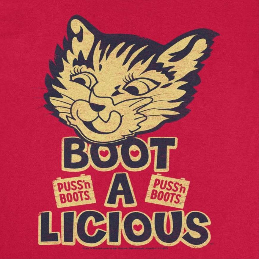 Puss n Boots Boot a Licious Retro Cat Food Red T-Shirt by HandyShopping4U2