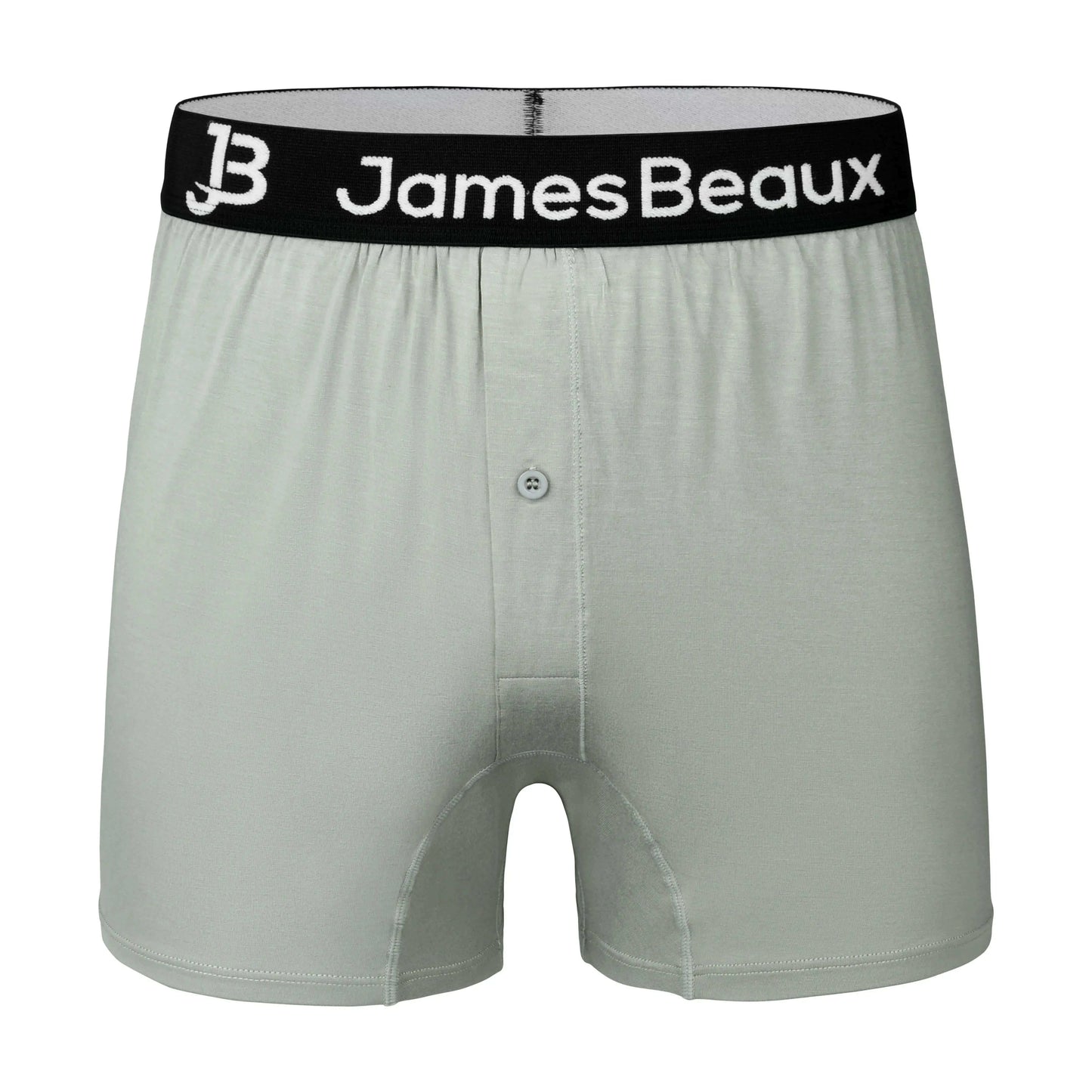Gray boxer briefs with a black waistband featuring 'JamesBeaux' branding on a white background.
