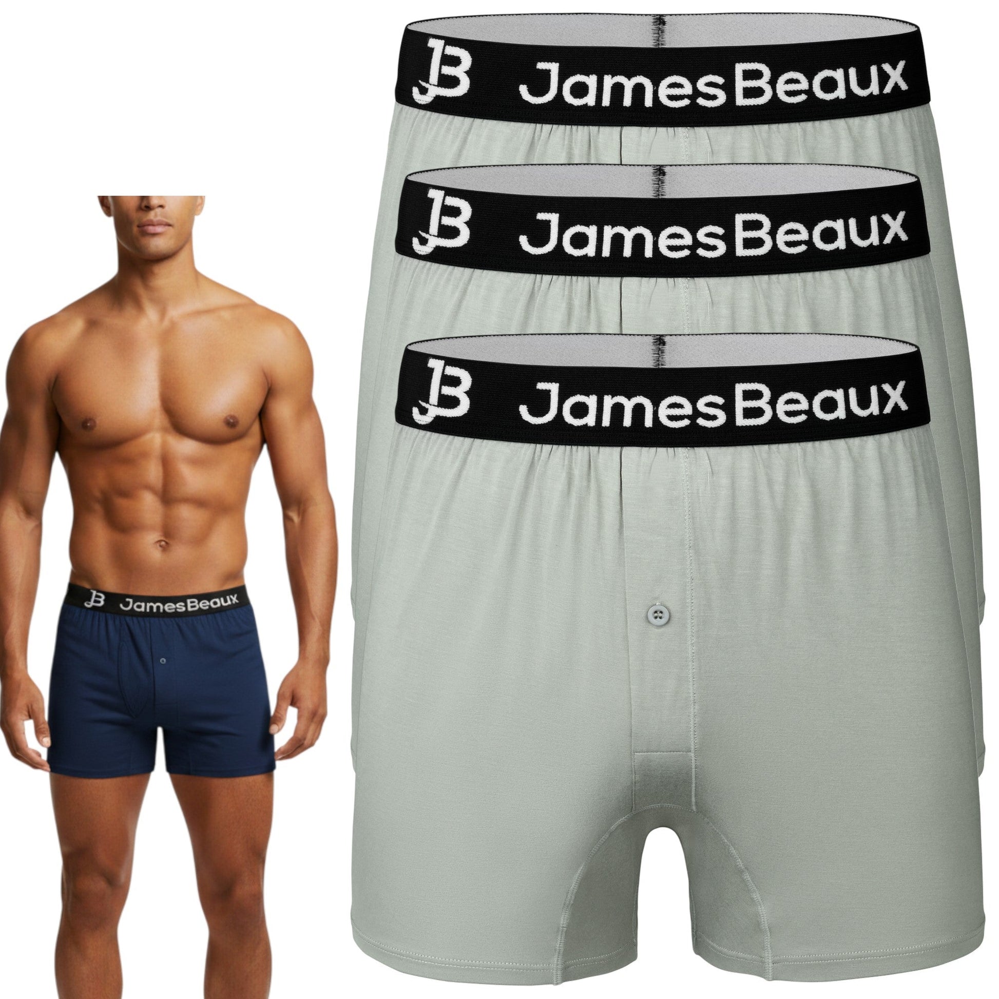 Gray men's underwear with 'JamesBeaux' waistband next to a shirtless man wearing navy blue underwear.