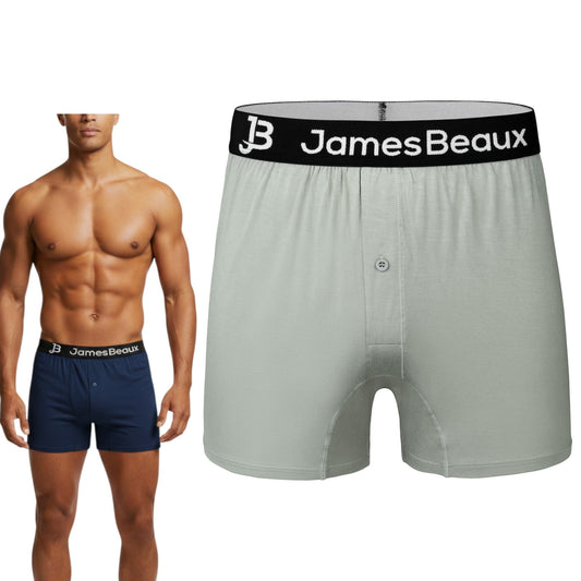 Gray boxer briefs with black waistband featuring 'JamesBeaux' branding, next to a model wearing navy boxers.