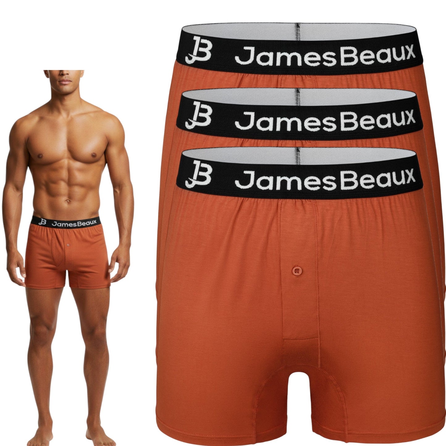 Orange men's underwear with 'JamesBeaux' waistband on a white background