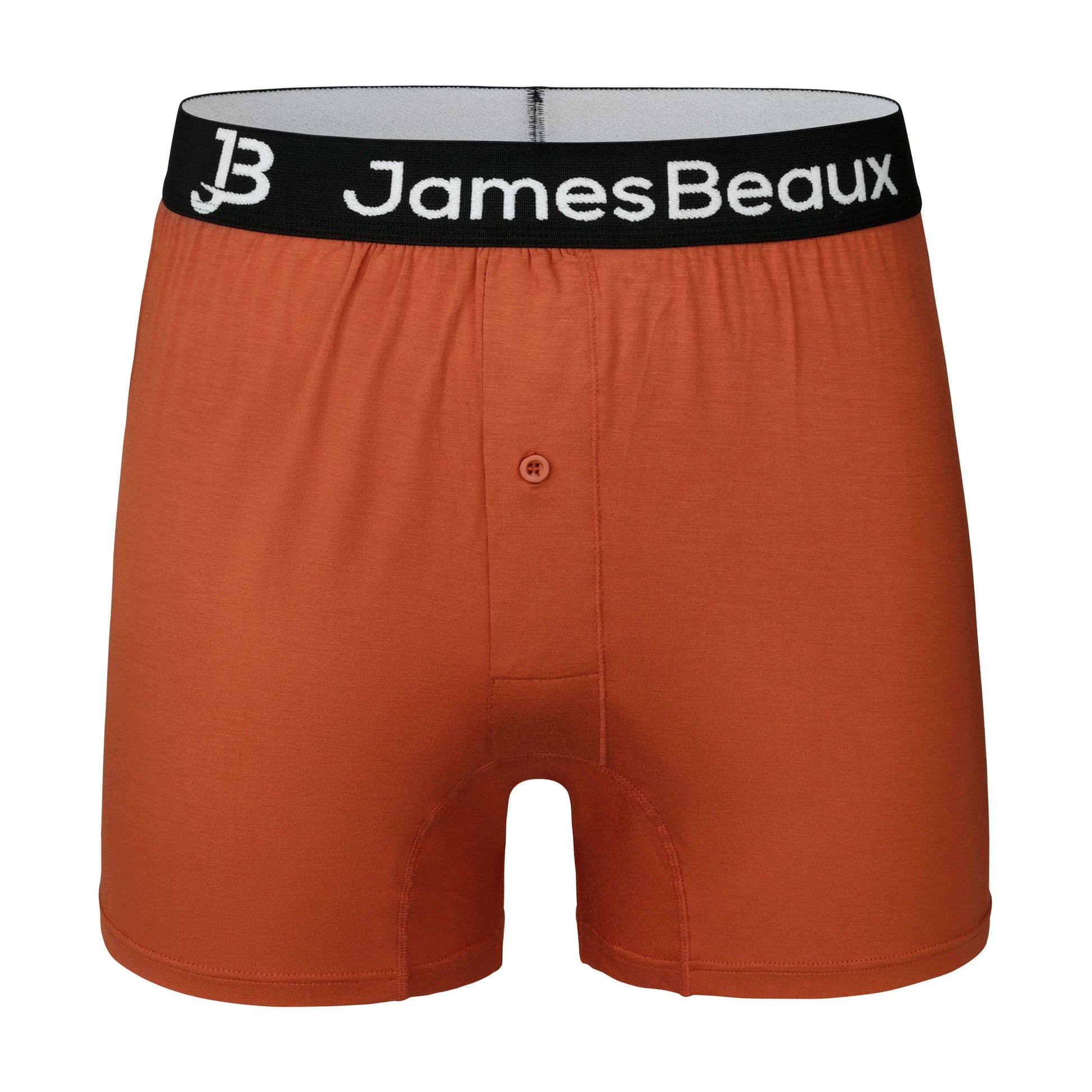 Orange men's boxer briefs with black waistband featuring 'James Beaux' logo on a white background.