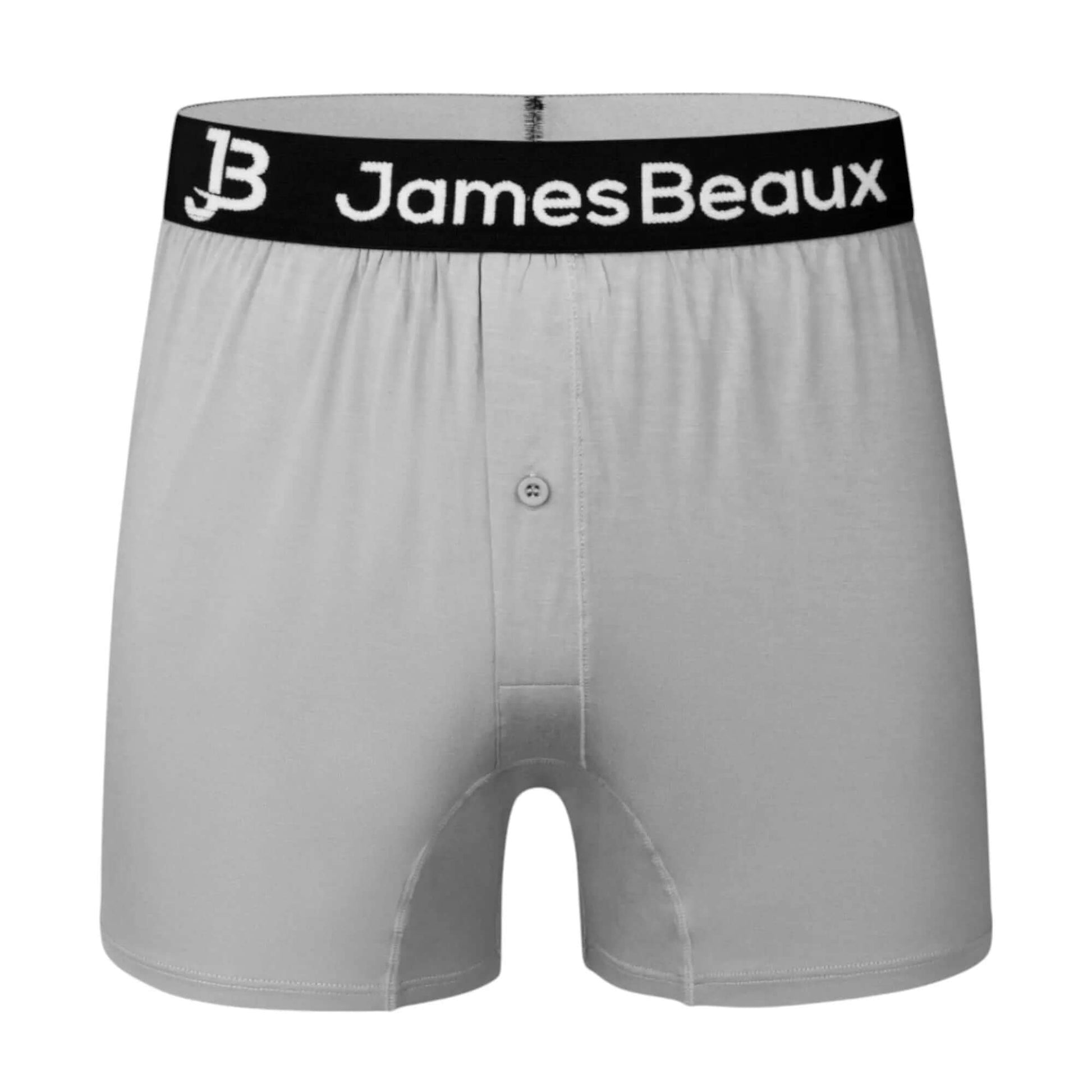 Gray boxer briefs with a black waistband featuring 'James Beaux' branding on a white background.