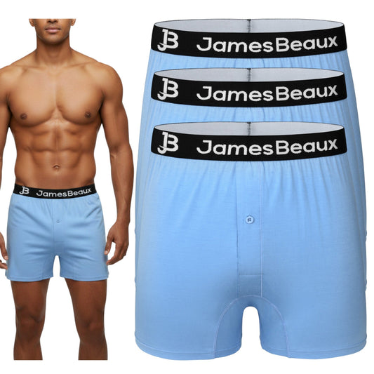 Light blue men's underwear with 'JamesBeaux' brand logo on a white background