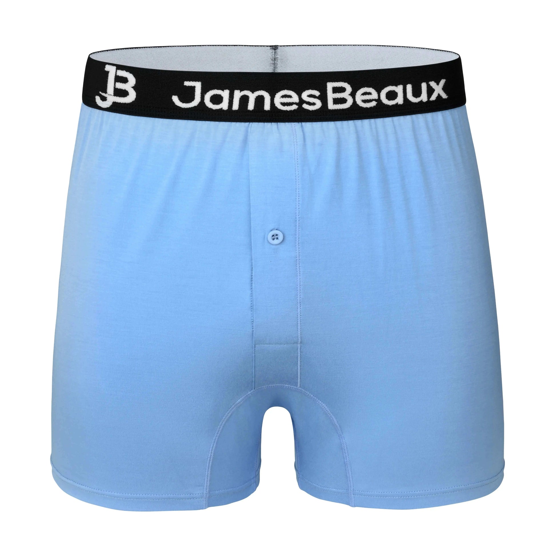 Light blue boxer briefs with a black waistband featuring 'JamesBeaux' branding on a white background.