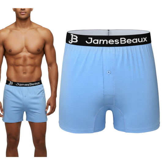 Light blue boxer briefs with black waistband featuring 'JamesBeaux' logo on a white background.