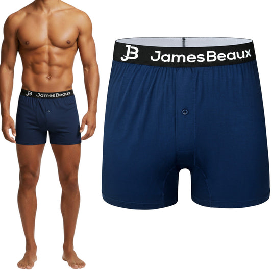 Navy blue men's boxer briefs with 'JamesBeaux' waistband on a white background