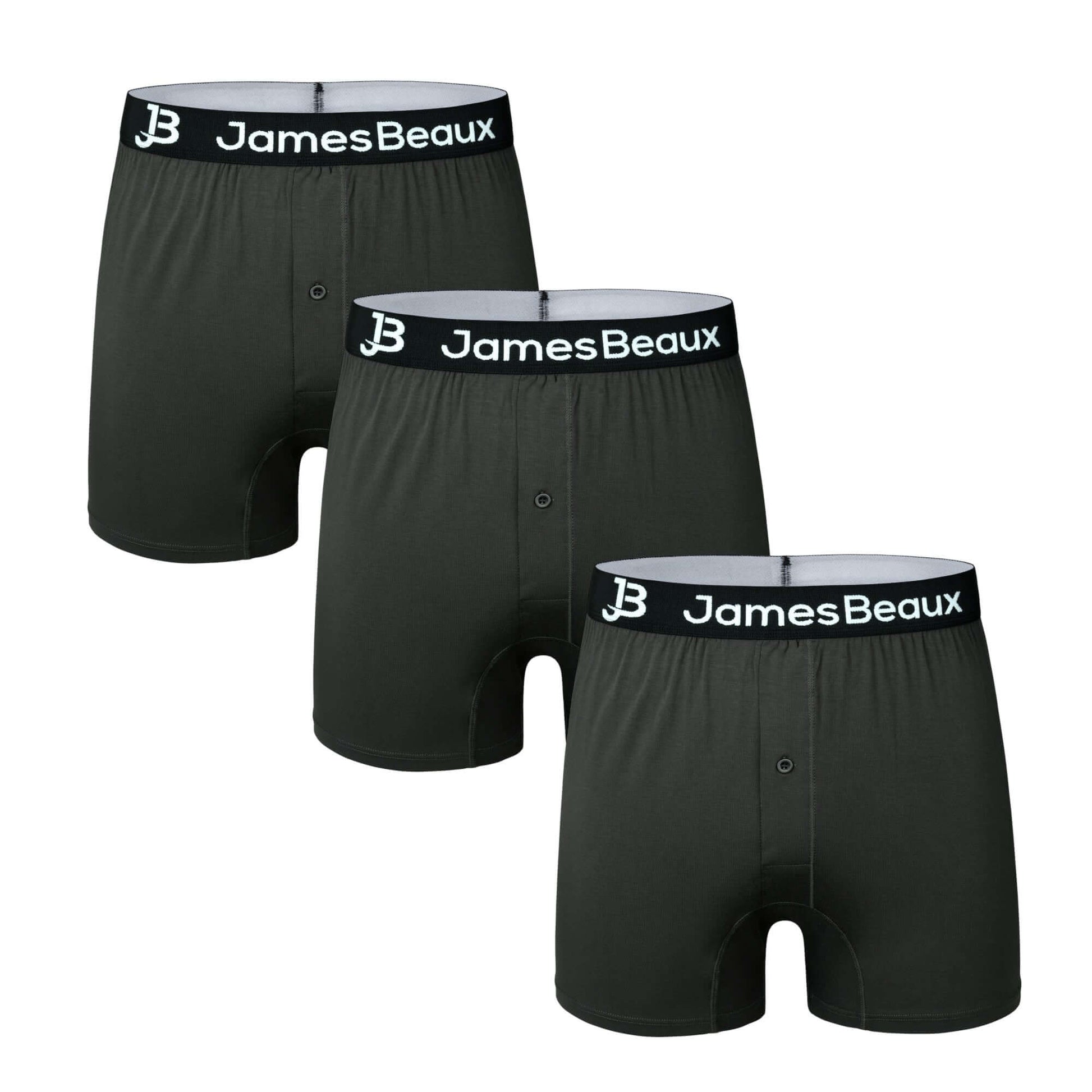 Three pairs of black boxer briefs with 'JamesBeaux' branding on a white background.