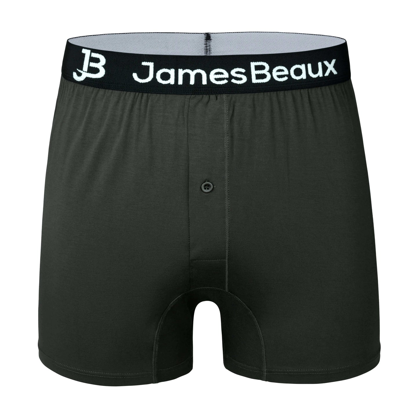 Black boxer briefs with 'JamesBeaux' waistband on a white background