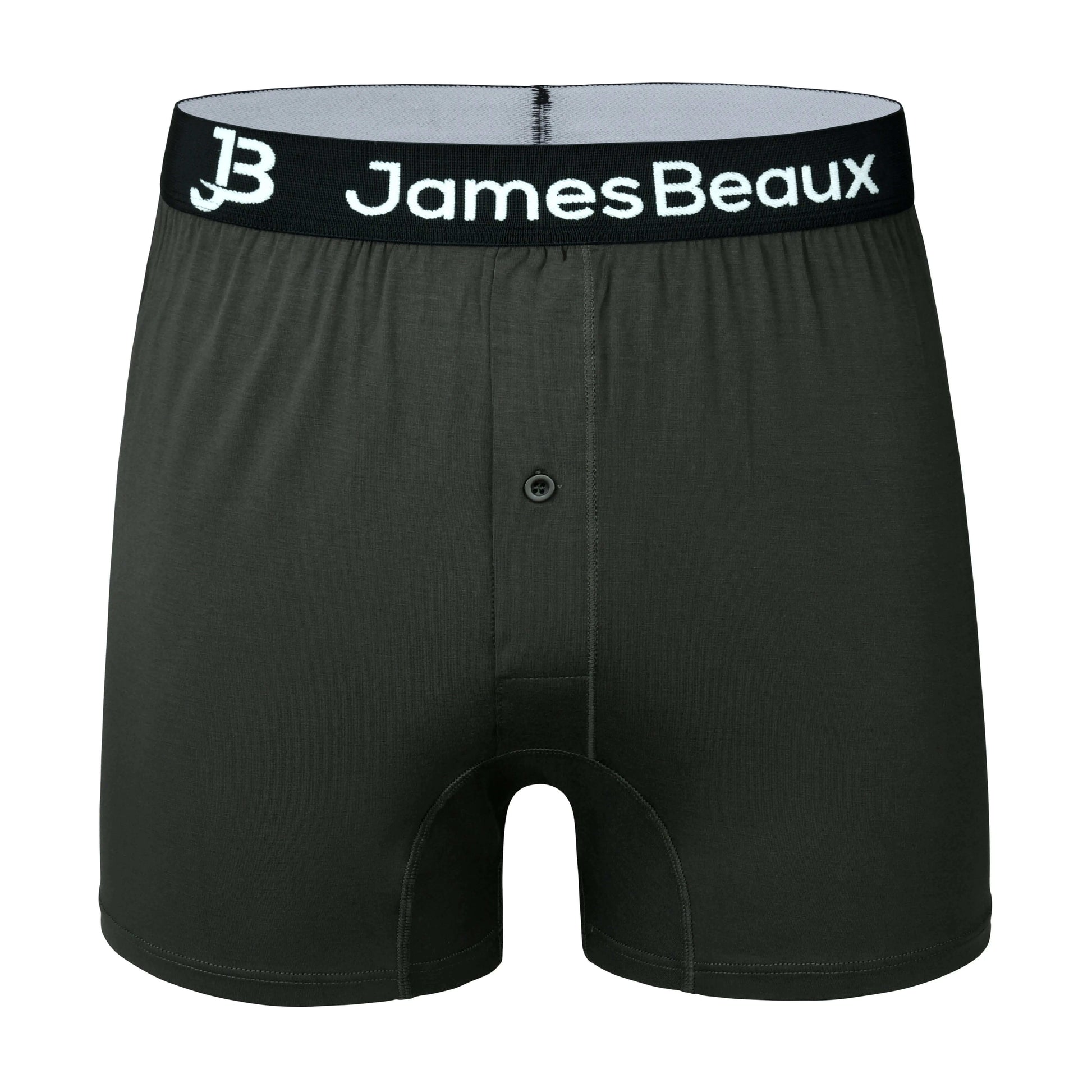Black boxer briefs with 'JamesBeaux' waistband on a white background