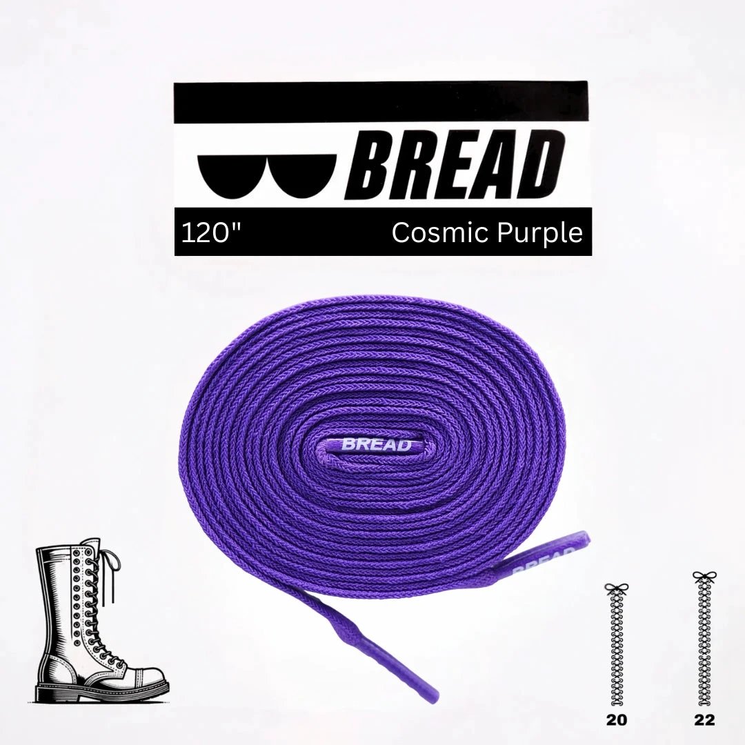 Purple shoelaces with 'BREAD' branding on a white background