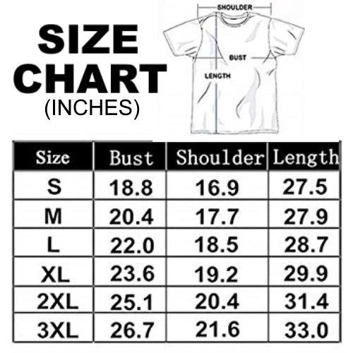 Size chart for shirts with measurements in inches