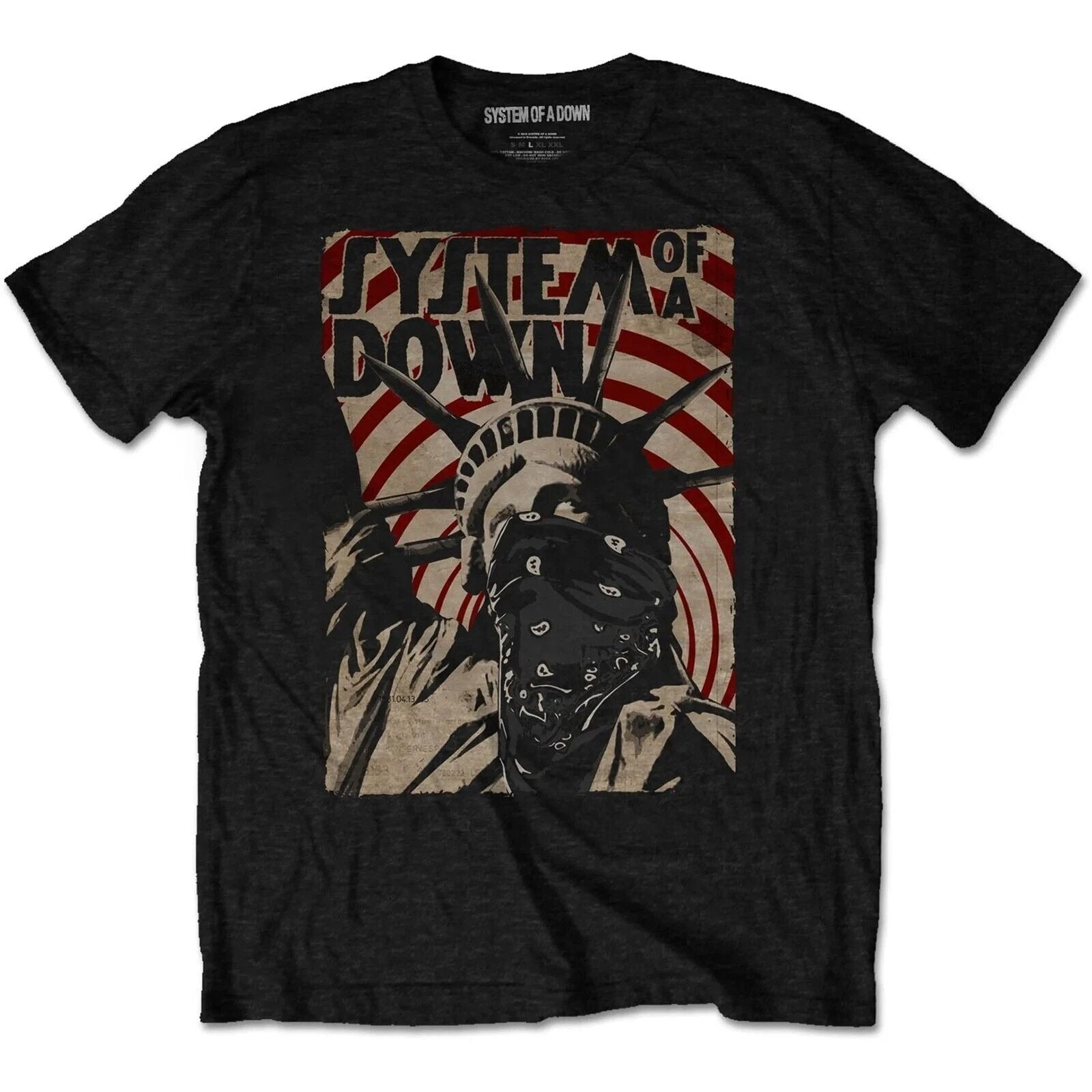 Black t-shirt with 'System of a Down' graphic design on a white background