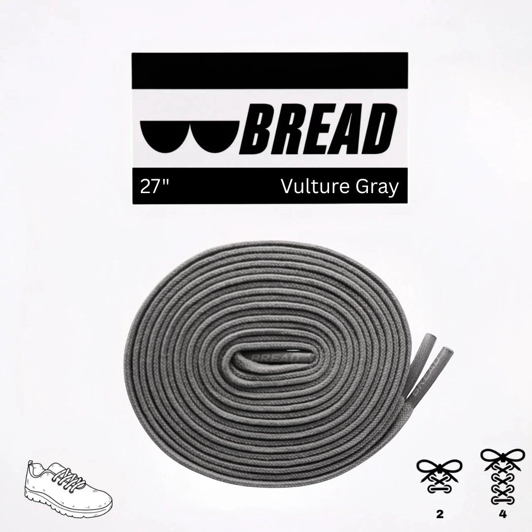 Gray shoelaces with 'BREAD' branding on a white background