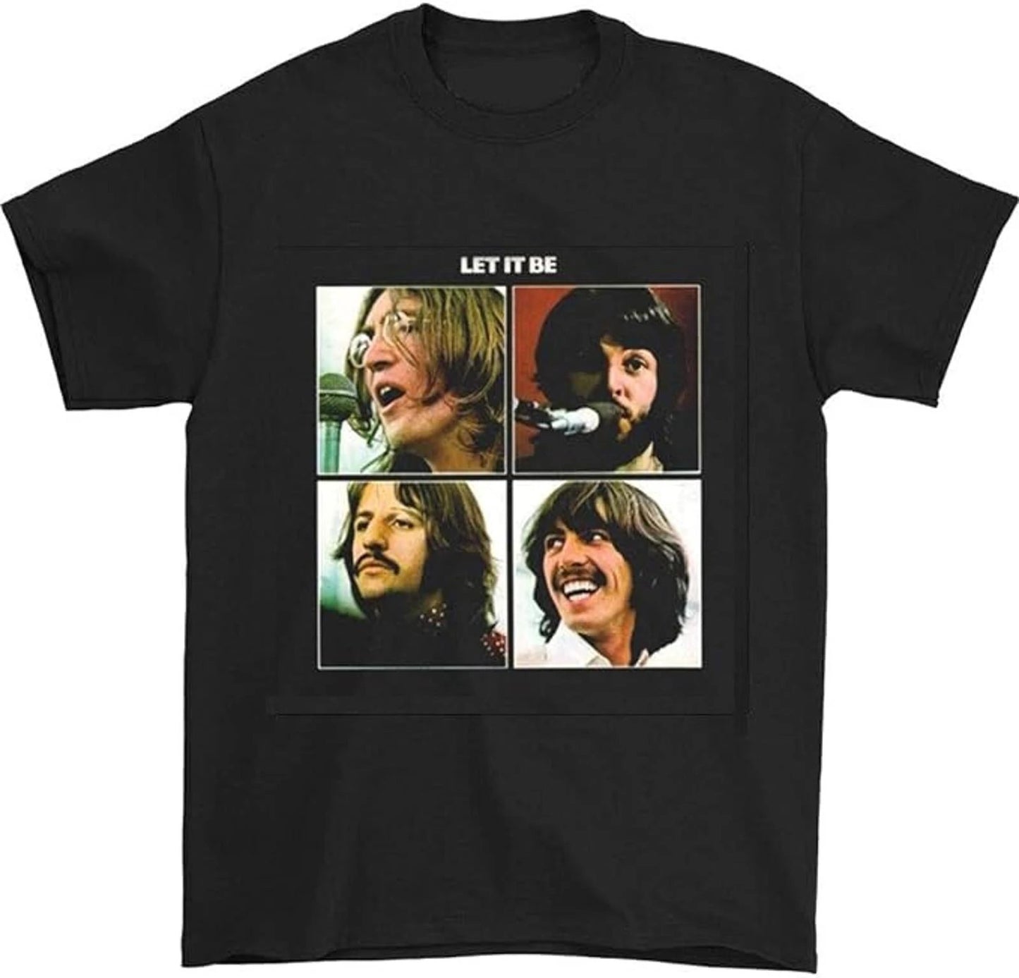 Black t-shirt with a graphic of four Beatles' faces and 'Let It Be' text on a white background