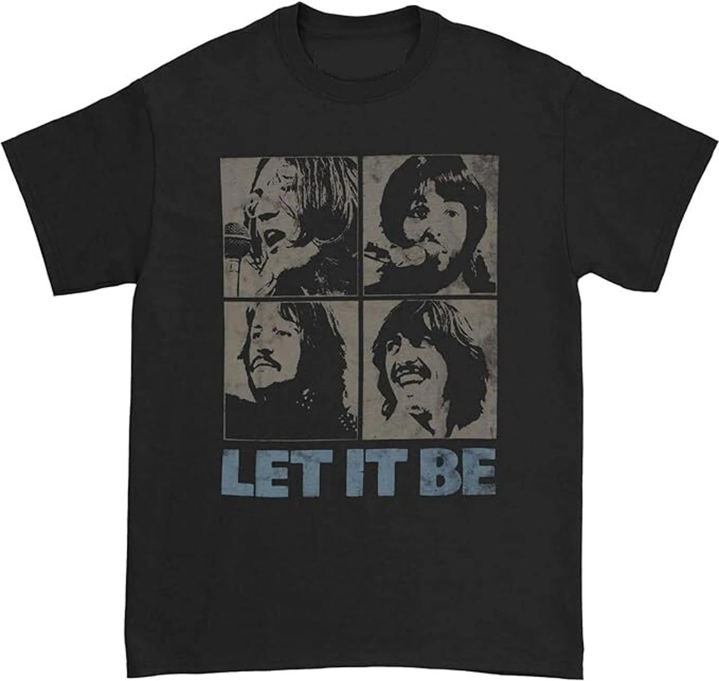 Black t-shirt with graphic of four Beatles' faces and 'Let It Be' text on a white background