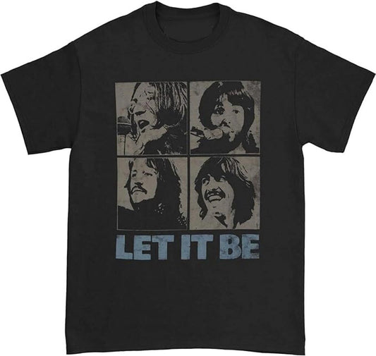 Black t-shirt with graphic of four Beatles' faces and 'Let It Be' text on a white background
