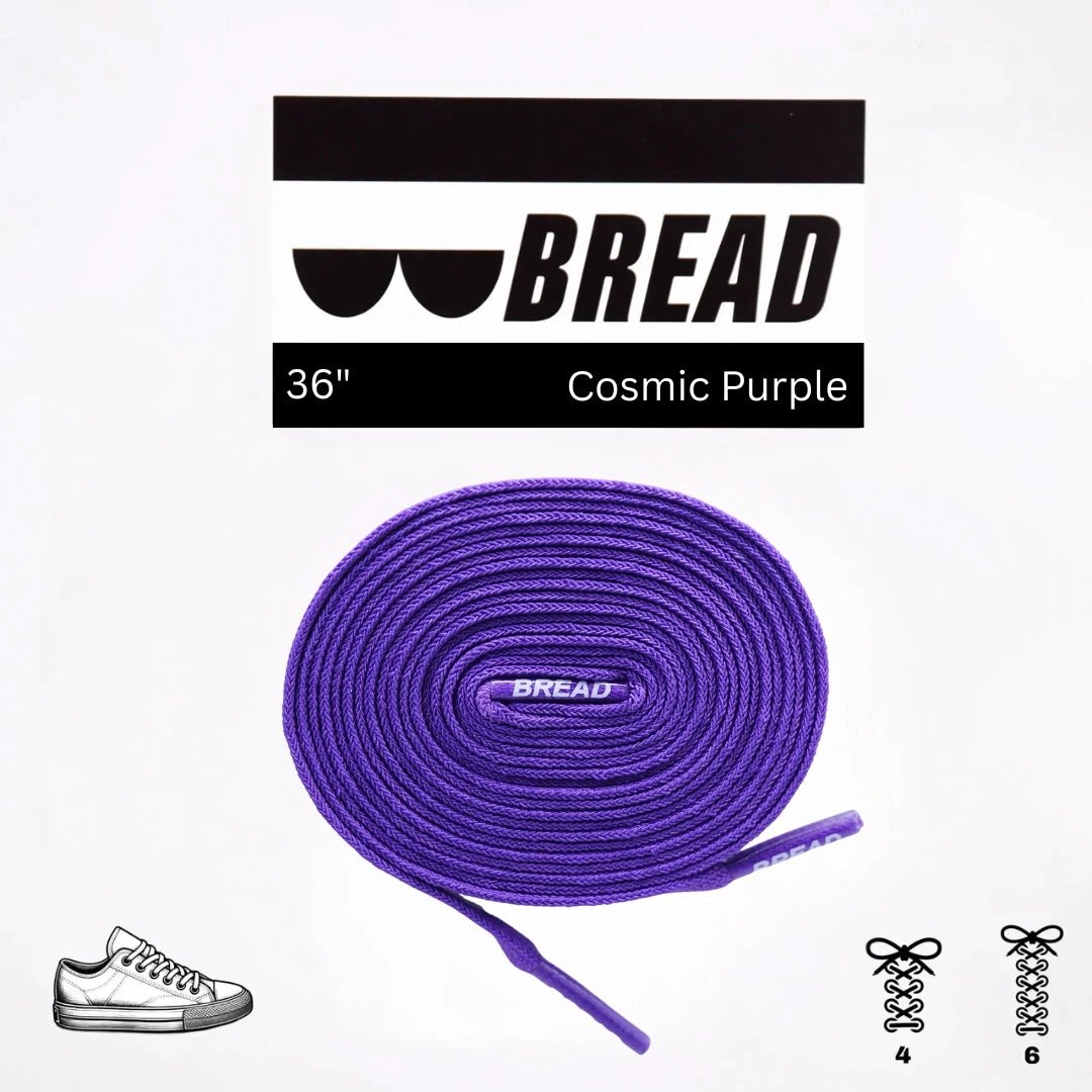 Purple shoelace with 'BREAD' branding on a white background